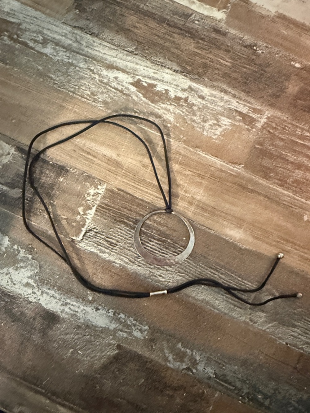 Adjustable Black Cord Necklace with Silver Ring Pendant